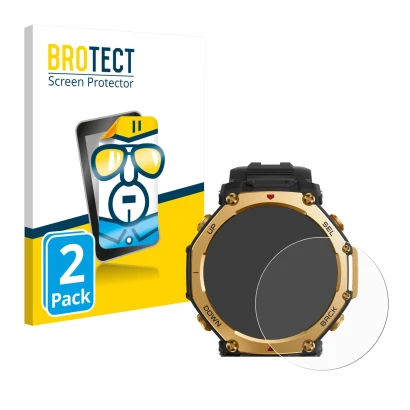 Parte frontal de un envase de producto con el logotipo de la marca BROTECT. Al lado se muestra el dispositivo Huami Amazfit T-