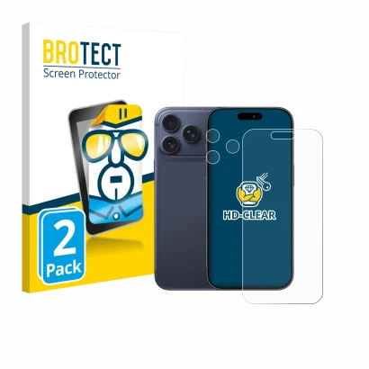 Parte frontal de un envase de producto con el logotipo de la marca BROTECT. Al lado se muestra el dispositivo Apple iPhone 17 