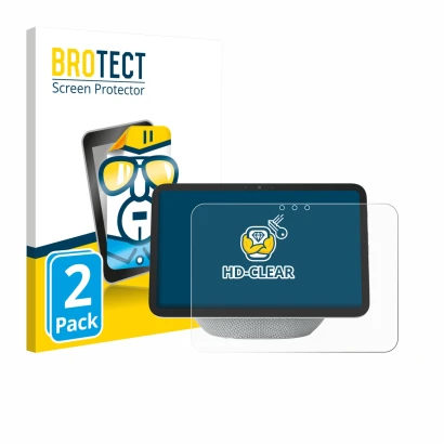 Parte frontal de un envase de producto con el logotipo de la marca BROTECT. Al lado se muestra el dispositivo Amazon Echo Show