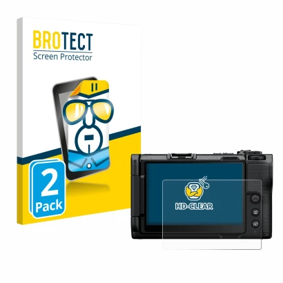 Parte frontal de un envase de producto con el logotipo de la marca BROTECT. Al lado se muestra el dispositivo Nikon ZR con su 