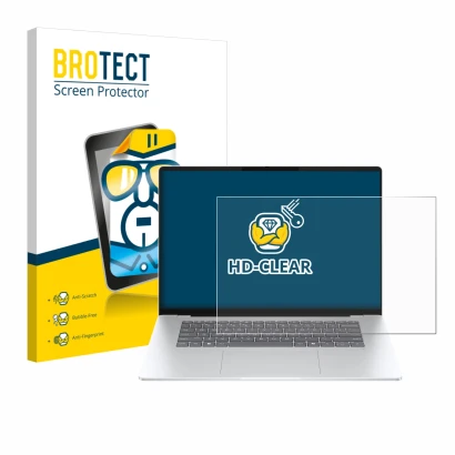 Parte frontal de un envase de producto con el logotipo de la marca BROTECT. Al lado se muestra el dispositivo HP OmniBook 5 16