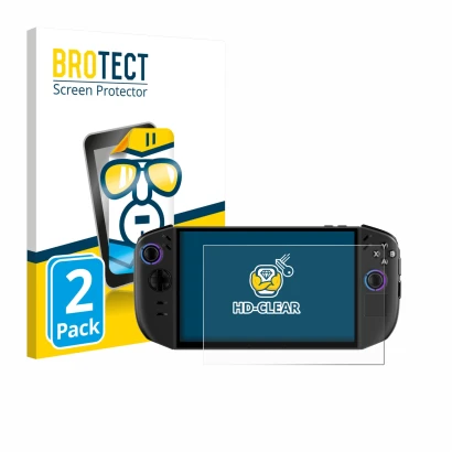 Parte frontal de un envase de producto con el logotipo de la marca BROTECT. Al lado se muestra el dispositivo Lenovo Legion Go