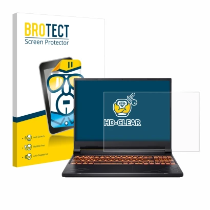 Parte frontal de un envase de producto con el logotipo de la marca BROTECT. Al lado se muestra el dispositivo Acer Nitro V 16 