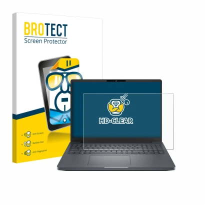 Parte frontal de un envase de producto con el logotipo de la marca BROTECT. Al lado se muestra el dispositivo Dell Pro Max 16 