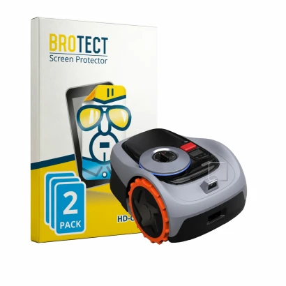 Parte frontal de un envase de producto con el logotipo de la marca BROTECT. Al lado se muestra el dispositivo Navimow i105E+ c