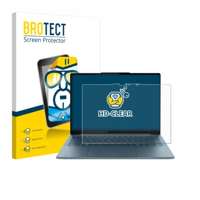 Parte frontal de un envase de producto con el logotipo de la marca BROTECT. Al lado se muestra el dispositivo Lenovo Yoga Slim