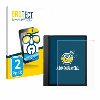 Parte frontal de un envase de producto con el logotipo de la marca BROTECT. Al lado se muestra el dispositivo Boox Note Air 5 