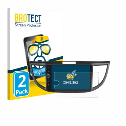 Parte frontal de un envase de producto con el logotipo de la marca BROTECT. Al lado se muestra el dispositivo Joying Car Radio