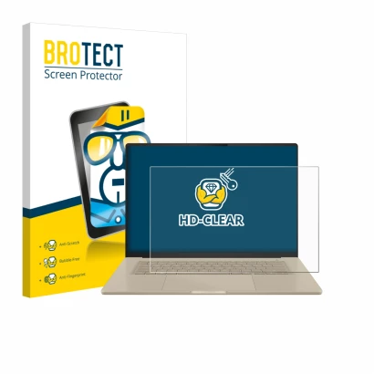 Parte frontal de un envase de producto con el logotipo de la marca BROTECT. Al lado se muestra el dispositivo ASUS ZenBook A16