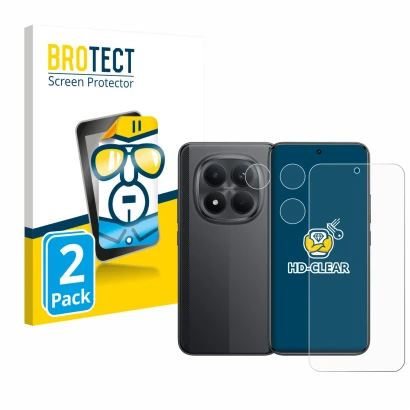 Parte frontal de un envase de producto con el logotipo de la marca BROTECT. Al lado se muestra el dispositivo Xiaomi Poco M8 P