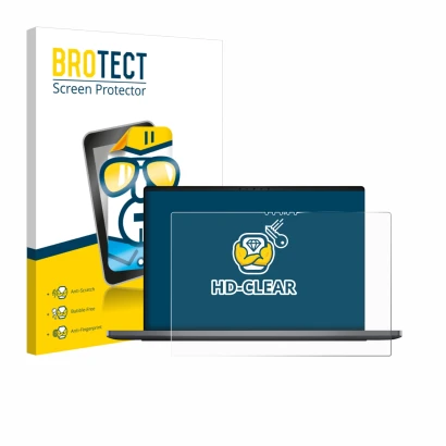 Parte frontal de un envase de producto con el logotipo de la marca BROTECT. Al lado se muestra el dispositivo Dell XPS 14 DA14