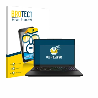 Parte frontal de un envase de producto con el logotipo de la marca BROTECT. Al lado se muestra el dispositivo XMG Apex 16 Max 