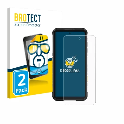 Parte frontal de un envase de producto con el logotipo de la marca BROTECT. Al lado se muestra el dispositivo Ulefone RugOne X