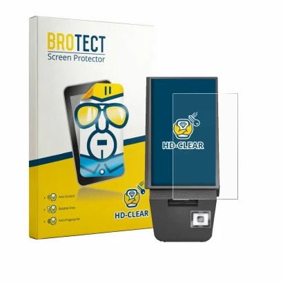 Parte frontal de un envase de producto con el logotipo de la marca BROTECT. Al lado se muestra el dispositivo Pyramid Computer
