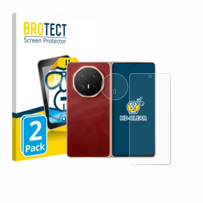 Parte frontal de un envase de producto con el logotipo de la marca BROTECT. Al lado se muestra el dispositivo Honor Magic V6 (