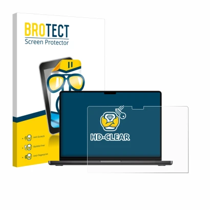 Parte frontal de un envase de producto con el logotipo de la marca BROTECT. Al lado se muestra el dispositivo Apple MacBook Pr