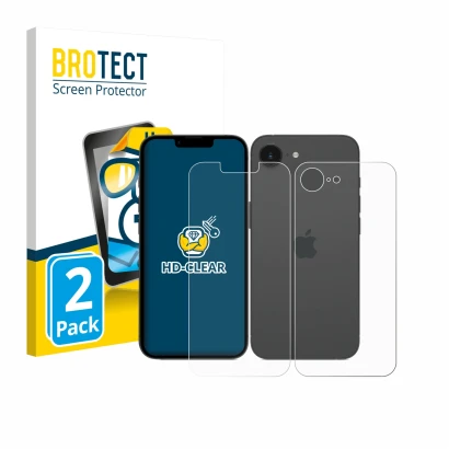 Parte frontal de un envase de producto con el logotipo de la marca BROTECT. Al lado se muestra el dispositivo Apple iPhone 17e
