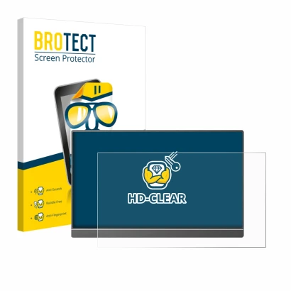 Parte frontal de un envase de producto con el logotipo de la marca BROTECT. Al lado se muestra el dispositivo Arzopa Z1C 16.1"