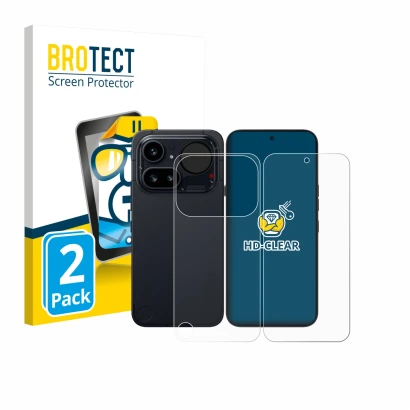 Parte frontal de un envase de producto con el logotipo de la marca BROTECT. Al lado se muestra el dispositivo Nothing Phone (4