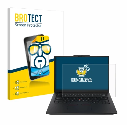 Parte frontal de un envase de producto con el logotipo de la marca BROTECT. Al lado se muestra el dispositivo Lenovo ThinkPad