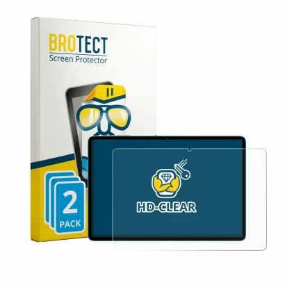 Parte frontal de un envase de producto con el logotipo de la marca BROTECT. Al lado se muestra el dispositivo Teclast P33 con