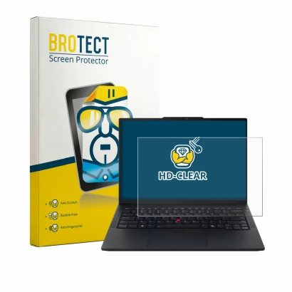 Parte frontal de un envase de producto con el logotipo de la marca BROTECT. Al lado se muestra el dispositivo Lenovo ThinkPad