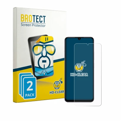 Parte frontal de un envase de producto con el logotipo de la marca BROTECT. Al lado se muestra el dispositivo Xiaomi Redmi A4