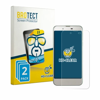 Parte frontal de un envase de producto con el logotipo de la marca BROTECT. Al lado se muestra el dispositivo Sharp Aquos SHV3