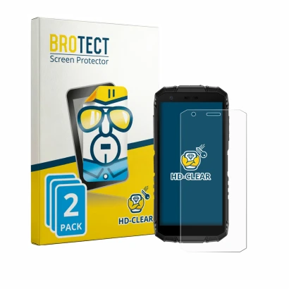 Parte frontal de un envase de producto con el logotipo de la marca BROTECT. Al lado se muestra el dispositivo Doogee Fire 3 co
