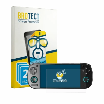 Parte frontal de un envase de producto con el logotipo de la marca BROTECT. Al lado se muestra el dispositivo Retroid Pocket 5