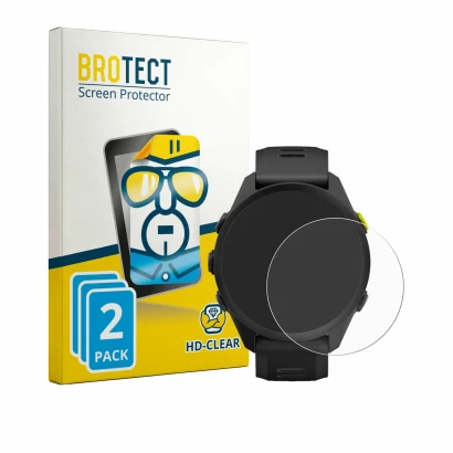 Parte frontal de un envase de producto con el logotipo de la marca BROTECT. Al lado se muestra el dispositivo Garmin Forerunne