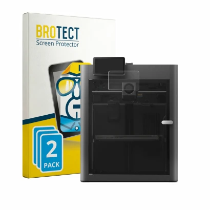 Parte frontal de un envase de producto con el logotipo de la marca BROTECT. Al lado se muestra el dispositivo Bambu Lab X2D co