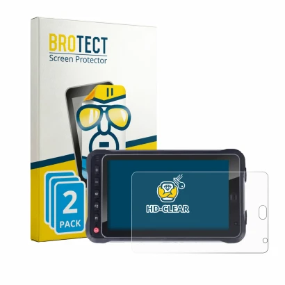 Parte frontal de un envase de producto con el logotipo de la marca BROTECT. Al lado se muestra el dispositivo Hugerock X72 con