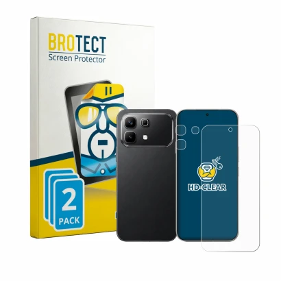 Parte frontal de un envase de producto con el logotipo de la marca BROTECT. Al lado se muestra el dispositivo Infinix Note 60