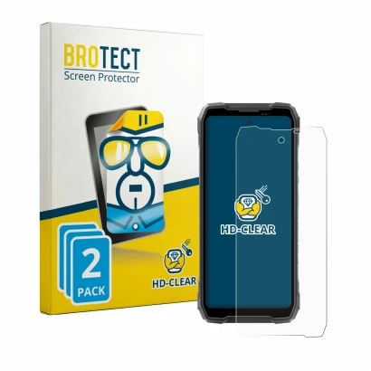 Parte frontal de un envase de producto con el logotipo de la marca BROTECT. Al lado se muestra el dispositivo Blackview Rock 5