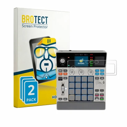 Parte frontal de un envase de producto con el logotipo de la marca BROTECT. Al lado se muestra el dispositivo Akai MPC Sample