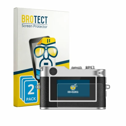 Parte frontal de un envase de producto con el logotipo de la marca BROTECT. Al lado se muestra el dispositivo Rollei Mini Digi
