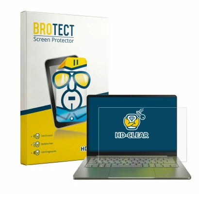 Parte frontal de un envase de producto con el logotipo de la marca BROTECT. Al lado se muestra el dispositivo Acer Swift Air 1