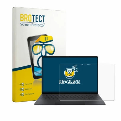 Parte frontal de un envase de producto con el logotipo de la marca BROTECT. Al lado se muestra el dispositivo ASUS ExpertBook