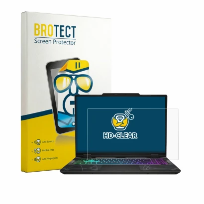 Parte frontal de un envase de producto con el logotipo de la marca BROTECT. Al lado se muestra el dispositivo MSI Cyborg 15 B1