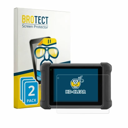 Parte frontal de un envase de producto con el logotipo de la marca BROTECT. Al lado se muestra el dispositivo Autel MaxiSys MS