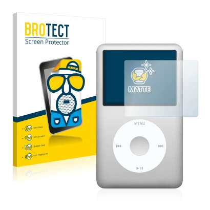 Parte frontal de un envase de producto con el logotipo de la marca BROTECT. Al lado se muestra el dispositivo Apple iPod Class