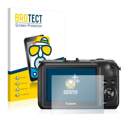 Parte frontal de un envase de producto con el logotipo de la marca BROTECT. Al lado se muestra el dispositivo Canon EOS M con