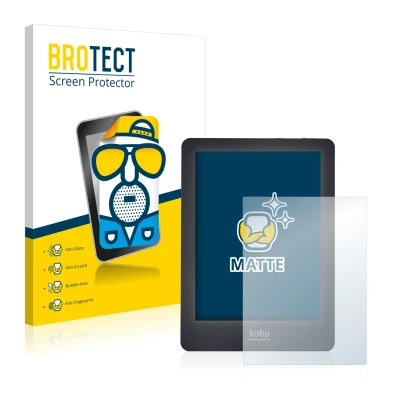 Parte frontal de un envase de producto con el logotipo de la marca BROTECT. Al lado se muestra el dispositivo Kobo Glo con su