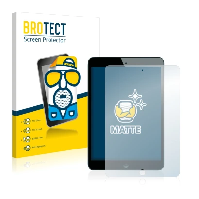 Parte frontal de un envase de producto con el logotipo de la marca BROTECT. Al lado se muestra el dispositivo Apple iPad Mini