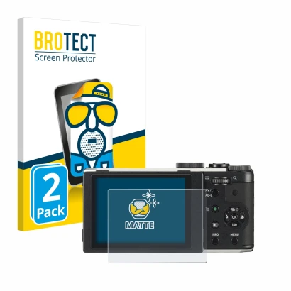 Parte frontal de un envase de producto con el logotipo de la marca BROTECT. Al lado se muestra el dispositivo Pentax MX-1 con