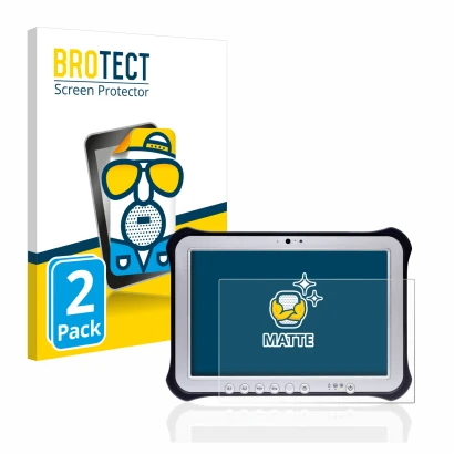 Parte frontal de un envase de producto con el logotipo de la marca BROTECT. Al lado se muestra el dispositivo Panasonic Toughp