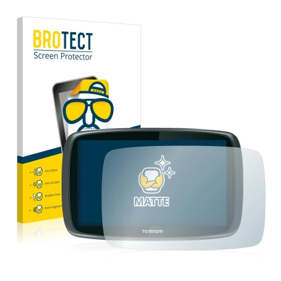 Parte frontal de un envase de producto con el logotipo de la marca BROTECT. Al lado se muestra el dispositivo TomTom GO 6000 c