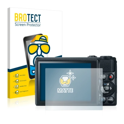 Parte frontal de un envase de producto con el logotipo de la marca BROTECT. Al lado se muestra el dispositivo Canon PowerShot 