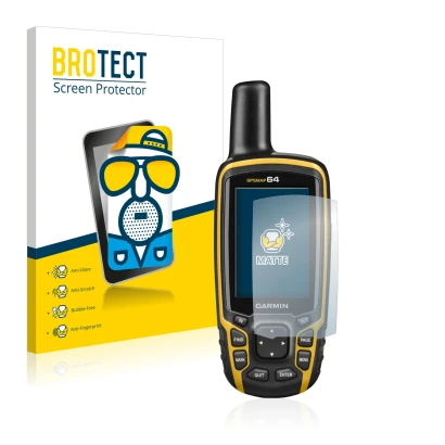 Parte frontal de un envase de producto con el logotipo de la marca BROTECT. Al lado se muestra el dispositivo Garmin GPSMAP 64